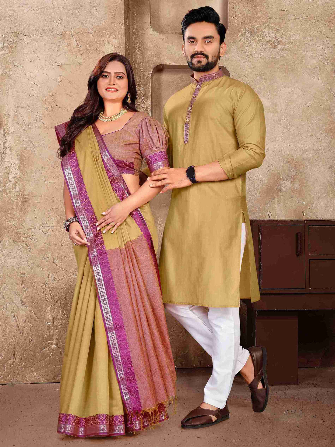 Chiku Pure Linen Silk Saree With Kurta Pajama Matching Couple Combo Set