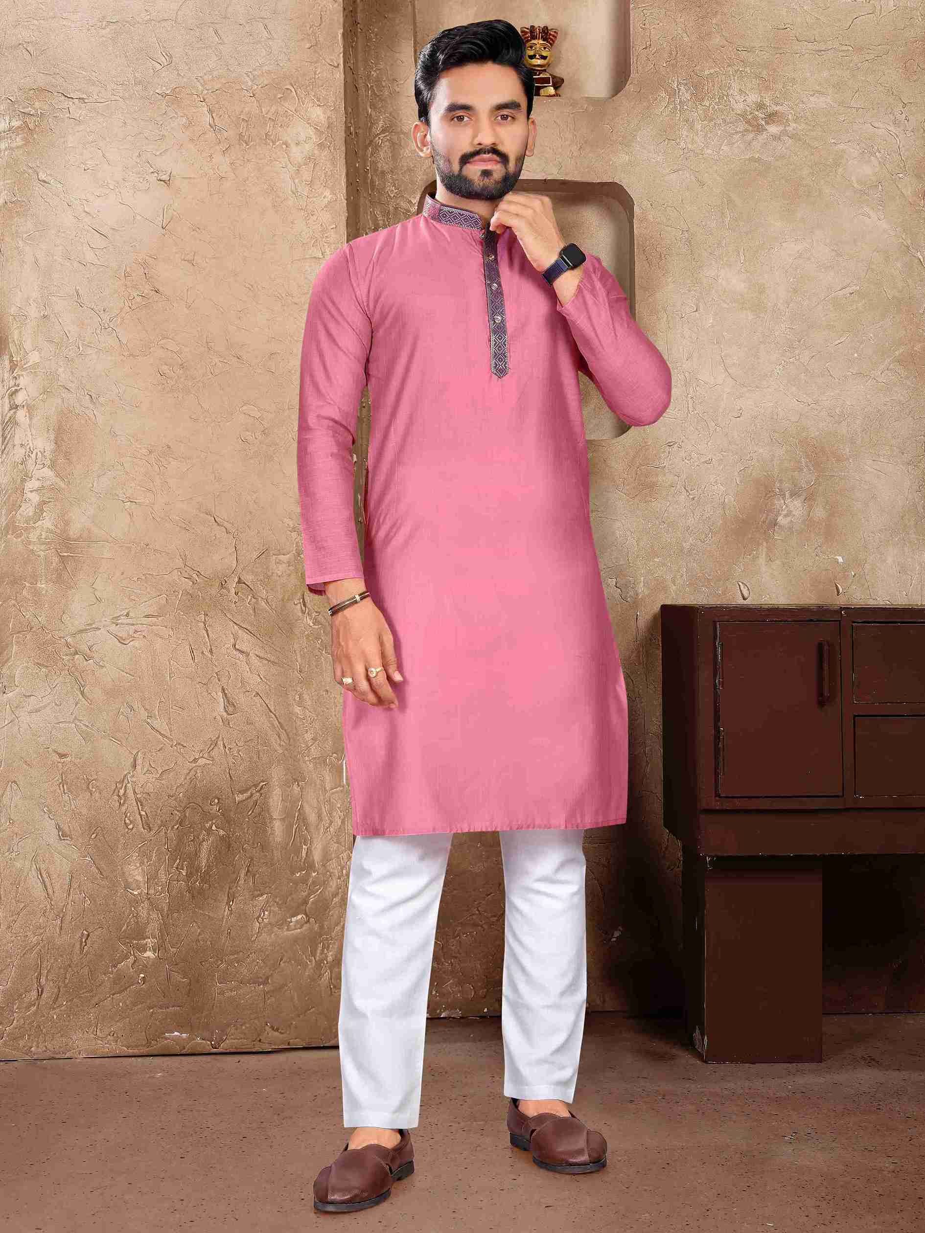 Pink Pure Linen Silk Saree With Kurta Pajama Matching Couple Combo Set