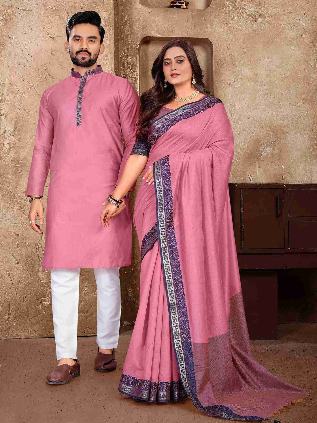 Pink Pure Linen Silk Saree With Kurta Pajama Matching Couple Combo Set
