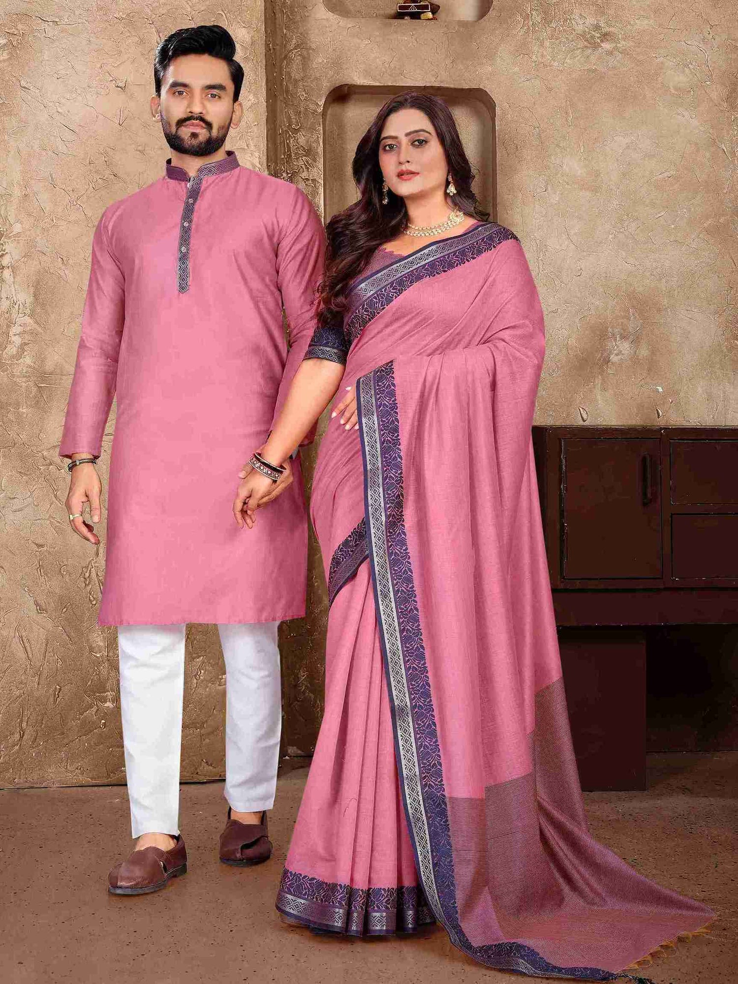 Pink Pure Linen Silk Saree With Kurta Pajama Matching Couple Combo Set