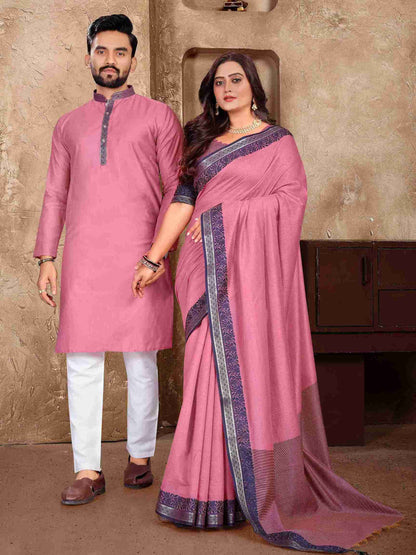 Pink Pure Linen Silk Saree With Kurta Pajama Matching Couple Combo Set