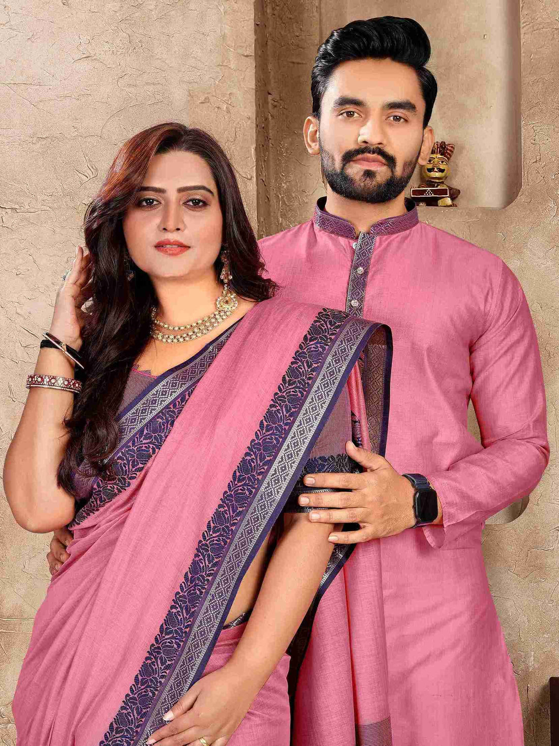 Pink Pure Linen Silk Saree With Kurta Pajama Matching Couple Combo Set