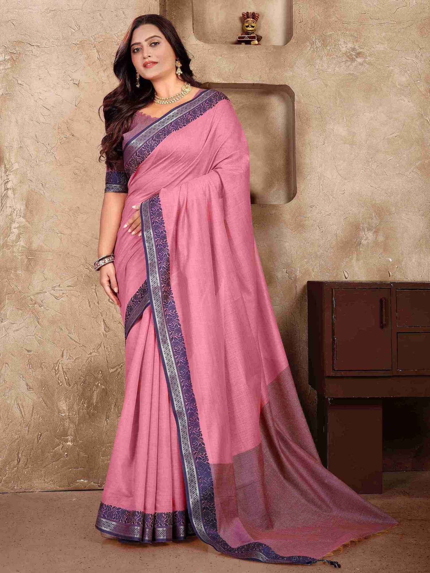Pink Pure Linen Silk Saree With Kurta Pajama Matching Couple Combo Set