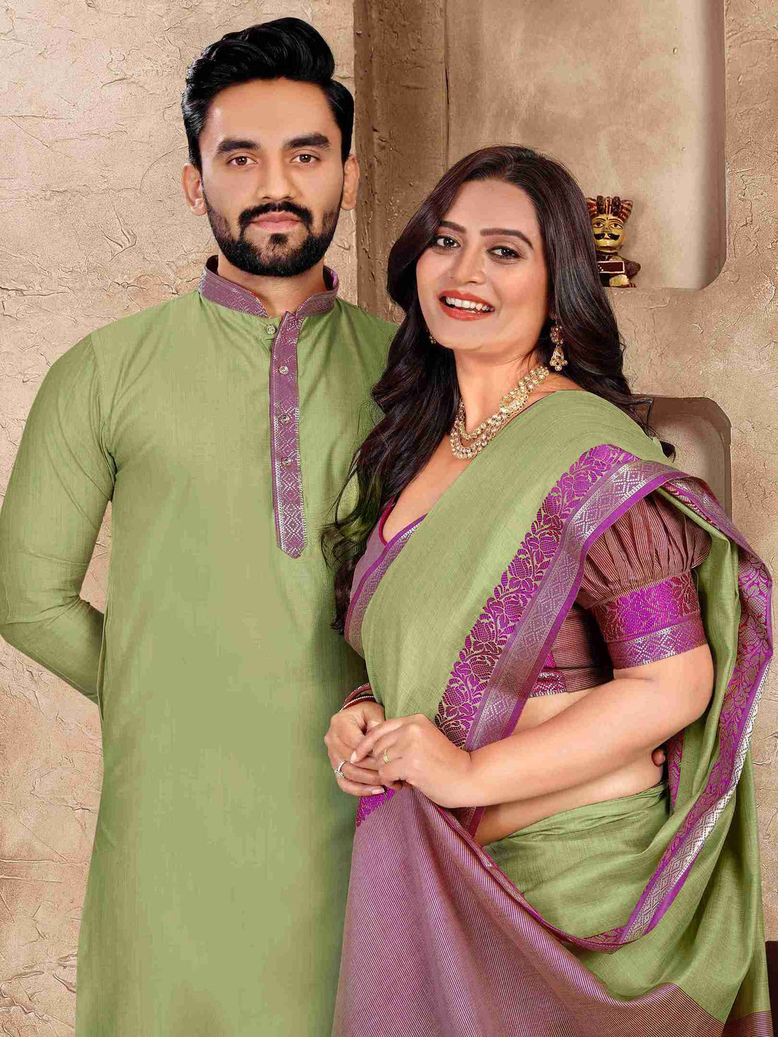 Green Pure Linen Silk Saree With Kurta Pajama Matching Couple Combo Set