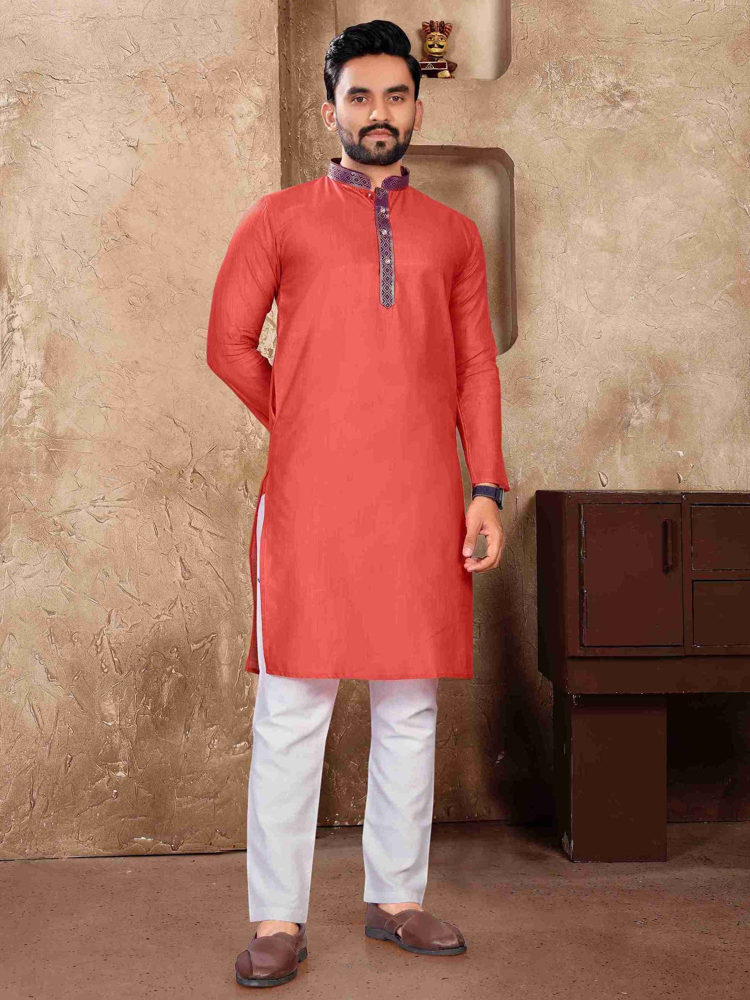 Peach Pure Linen Silk Saree With Kurta Pajama Matching Couple Combo Set