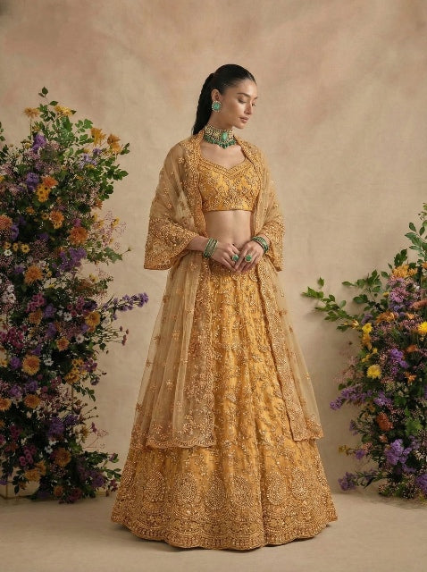 Yellow Pure Soft Heavy Net Sequins Embroidery Work Bridal Lehenga Choli