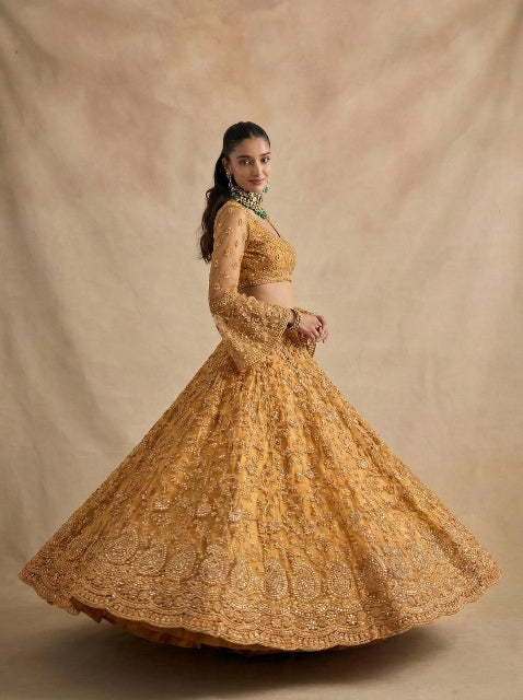 Yellow Pure Soft Heavy Net Sequins Embroidery Work Bridal Lehenga Choli