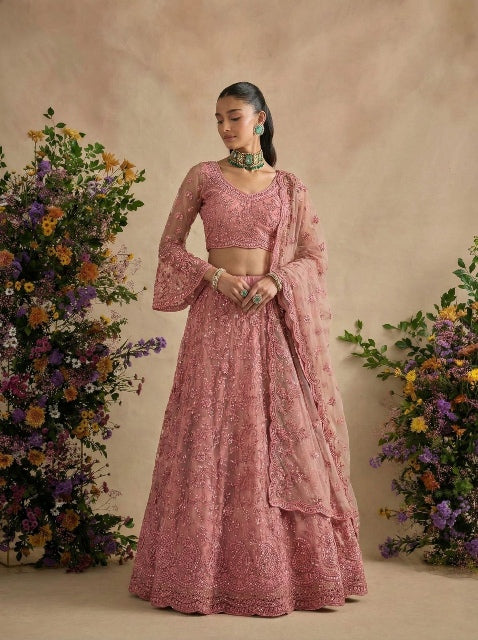 Rose Pink Pure Soft Heavy Net Sequins Embroidery Work Bridal Lehenga Choli 