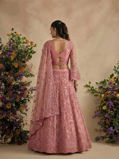 Rose Pink Pure Soft Heavy Net Sequins Embroidery Work Bridal Lehenga Choli 