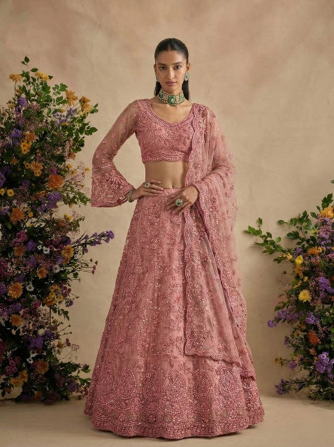 Rose Pink Pure Soft Heavy Net Sequins Embroidery Work Bridal Lehenga Choli 