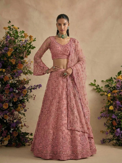 Rose Pink Pure Soft Heavy Net Sequins Embroidery Work Bridal Lehenga Choli 