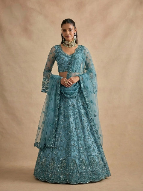 Blue Pure Soft Heavy Net Sequins Embroidery Work Bridal Lehenga Choli