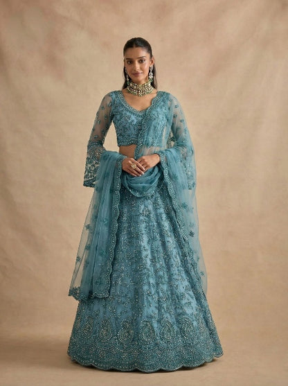 Blue Pure Soft Heavy Net Sequins Embroidery Work Bridal Lehenga Choli