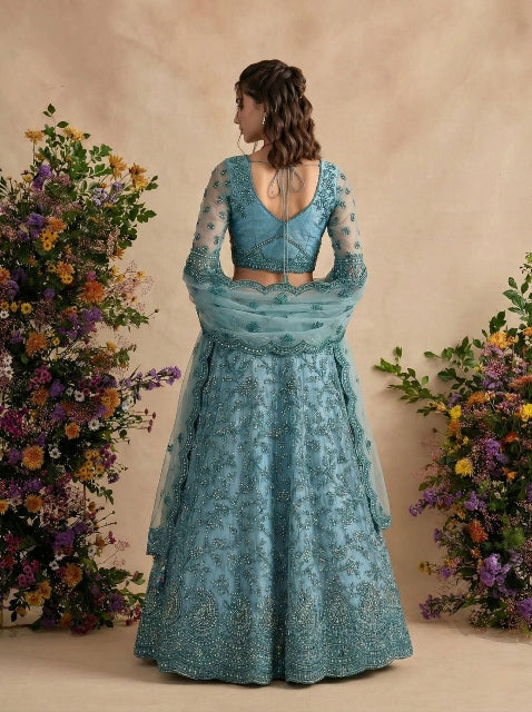 Blue Pure Soft Heavy Net Sequins Embroidery Work Bridal Lehenga Choli