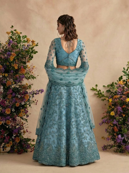 Blue Pure Soft Heavy Net Sequins Embroidery Work Bridal Lehenga Choli