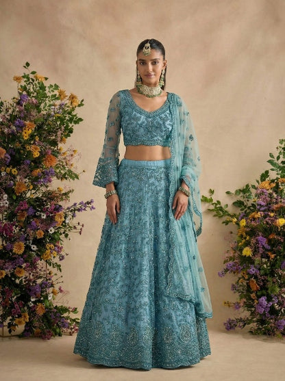 Blue Pure Soft Heavy Net Sequins Embroidery Work Bridal Lehenga Choli