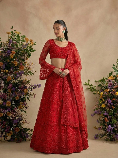 Red Pure Soft Heavy Net Sequins Embroidery Work Bridal Lehenga Choli 