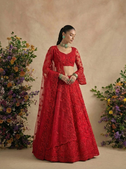 Red Pure Soft Heavy Net Sequins Embroidery Work Bridal Lehenga Choli 