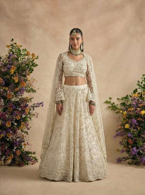 White Pure Soft Heavy Net Sequins Embroidery Work Bridal Lehenga Choli