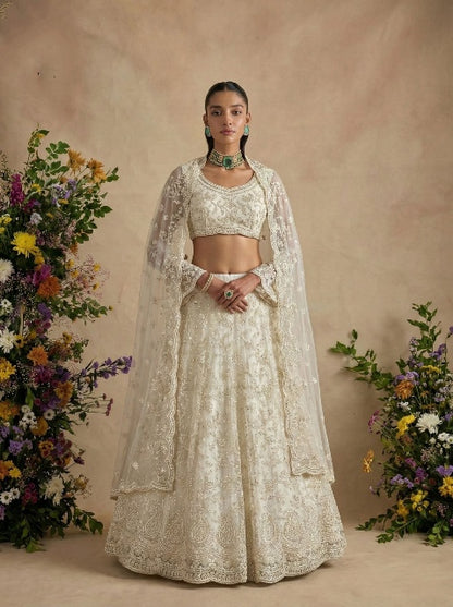 White Pure Soft Heavy Net Sequins Embroidery Work Bridal Lehenga Choli