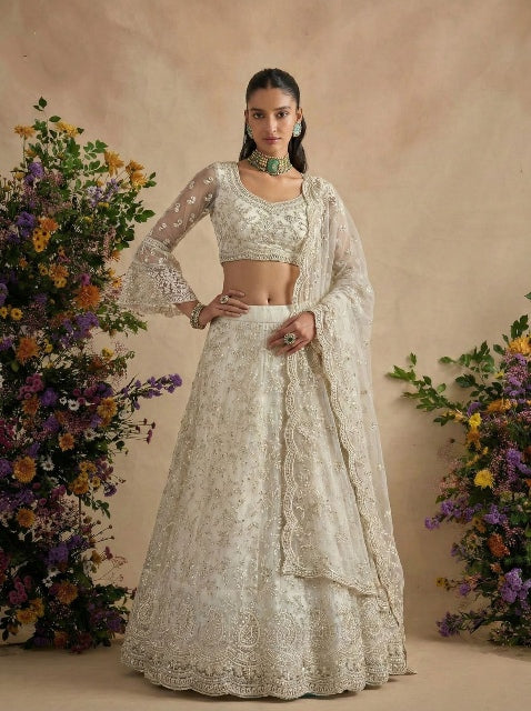 White Pure Soft Heavy Net Sequins Embroidery Work Bridal Lehenga Choli