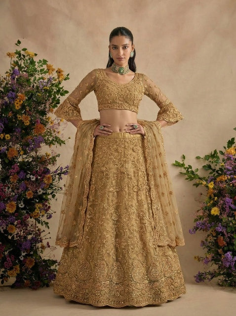 Golden Pure Soft Heavy Net Sequins Embroidery Work Bridal Lehenga Choli 
