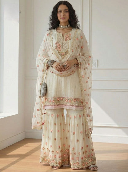 White Pure Soft Georgette Heavy Embroidery Work Sharara Suit
