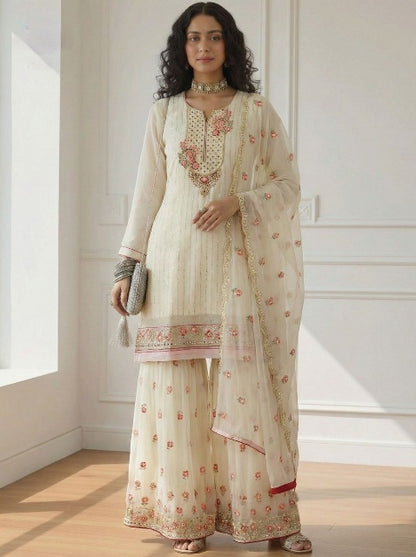 White Pure Soft Georgette Heavy Embroidery Work Sharara Suit