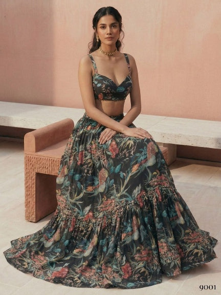 Green Pure Soft Georgette Printed Readymade Lehenga Choli