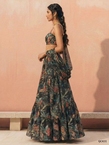 Green Pure Soft Georgette Printed Readymade Lehenga Choli