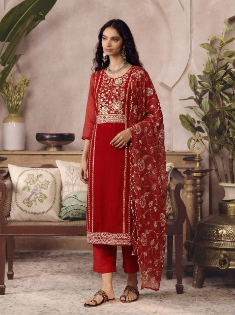 Red Pure Soft Organza Silk Embroidery Work Salwar Suit 
