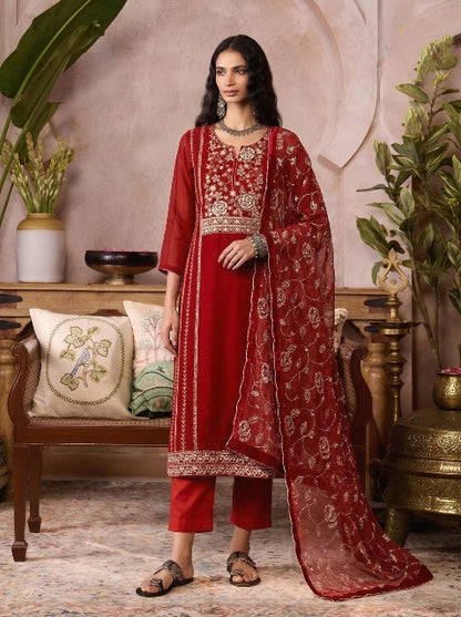 Red Pure Soft Organza Silk Embroidery Work Salwar Suit 