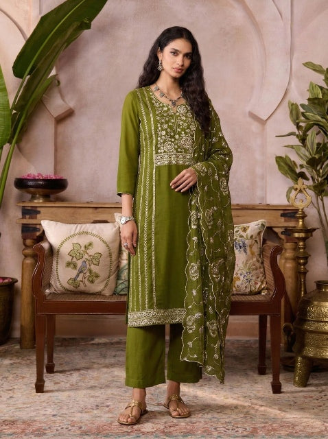 Green Pure Soft Organza Silk Embroidery Work Salwar Suit 