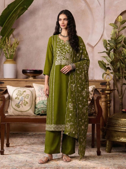 Green Pure Soft Organza Silk Embroidery Work Salwar Suit 