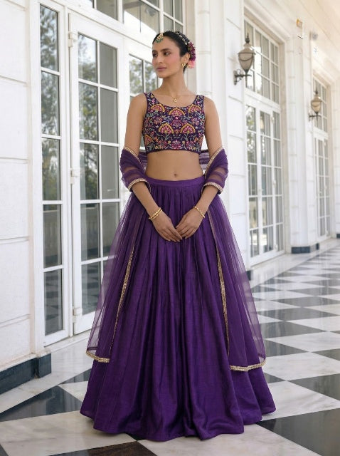 Purple Pure Soft Heavy Vichitra Silk Work Party Wear Readymade Lehenga Choli 