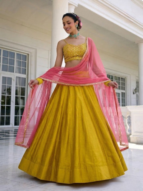 Yellow Pure Soft Heavy Vichitra Silk Work Party Wear Readymade Lehenga Choli 