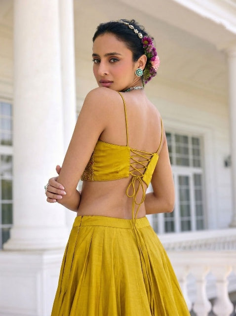 Yellow Pure Soft Heavy Vichitra Silk Work Party Wear Readymade Lehenga Choli 