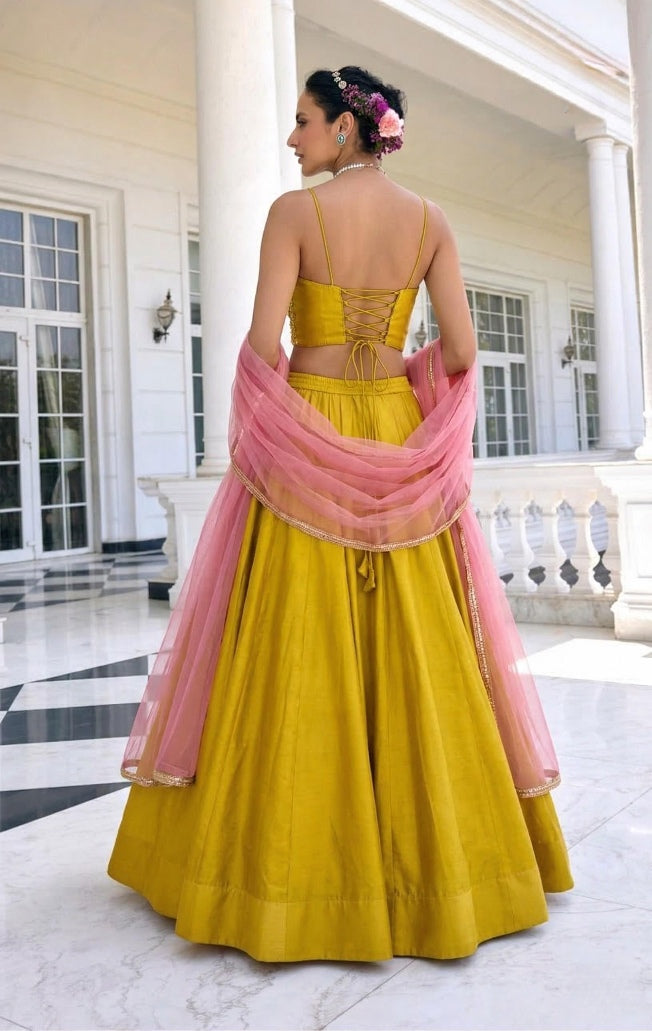 Yellow Pure Soft Heavy Vichitra Silk Work Party Wear Readymade Lehenga Choli 