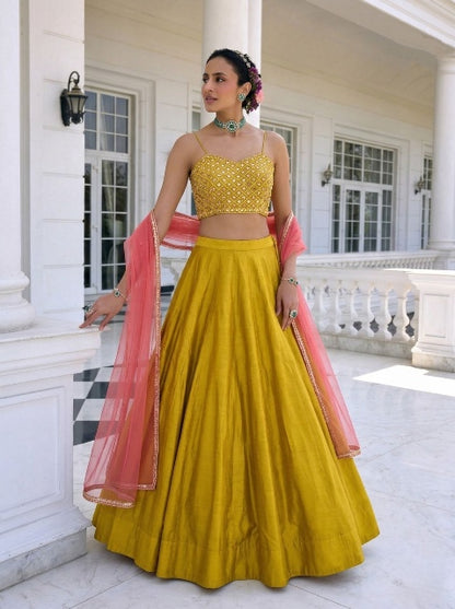 Yellow Pure Soft Heavy Vichitra Silk Work Party Wear Readymade Lehenga Choli 
