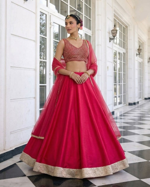 Red Pure Soft Heavy Vichitra Silk Work Party Wear Readymade Lehenga Choli 