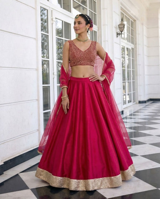 Red Pure Soft Heavy Vichitra Silk Work Party Wear Readymade Lehenga Choli 