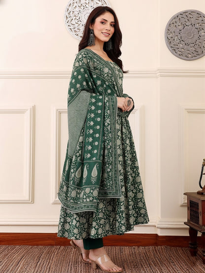 Sea Green Pure Soft Rayon Printed Kurti Pant Dupatta Set 