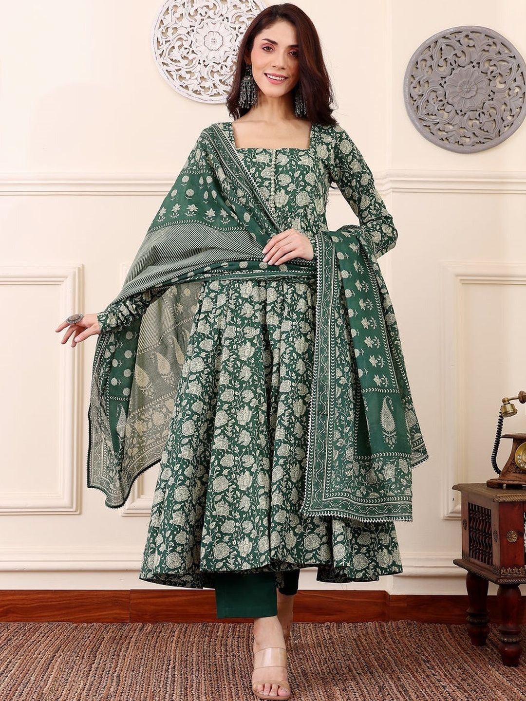 Sea Green Pure Soft Rayon Printed Kurti Pant Dupatta Set 