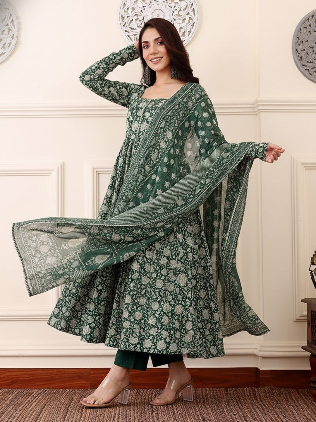 Sea Green Pure Soft Rayon Printed Kurti Pant Dupatta Set 