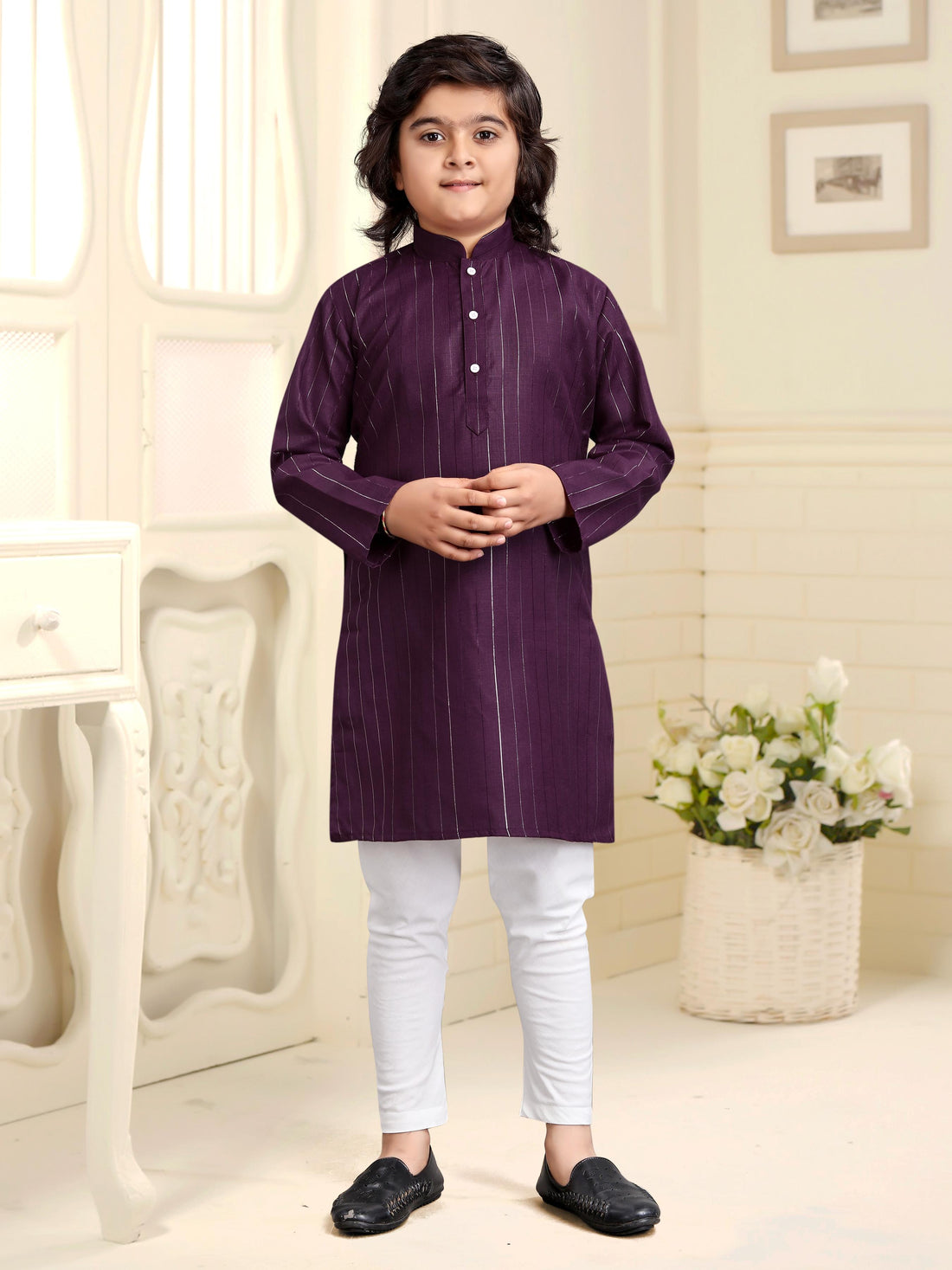 Wine Pure Soft Cotton Printed Kids Boy Kurta Pajama 