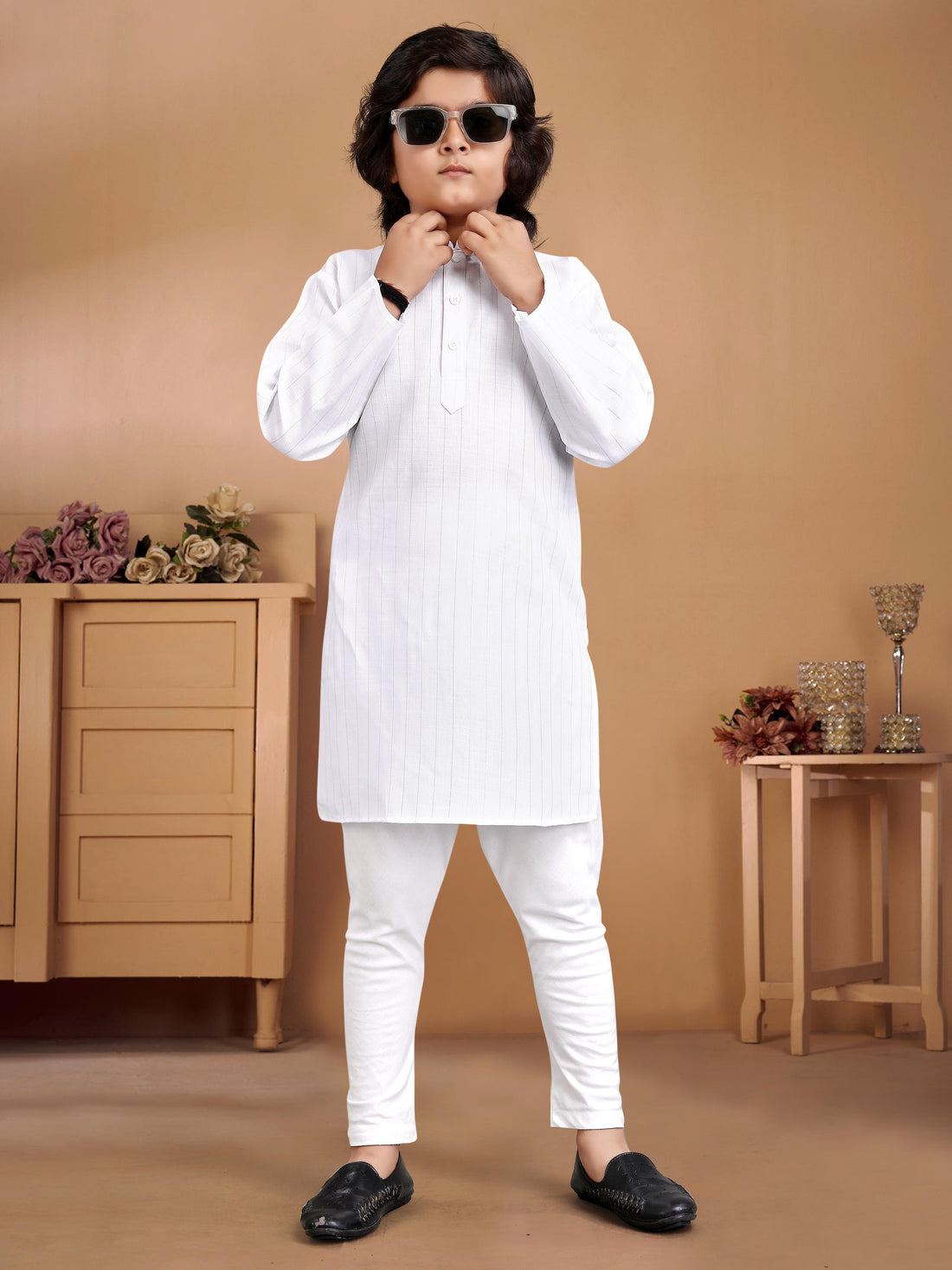 White Pure Soft Cotton Printed Kids Boy Kurta Pajama 