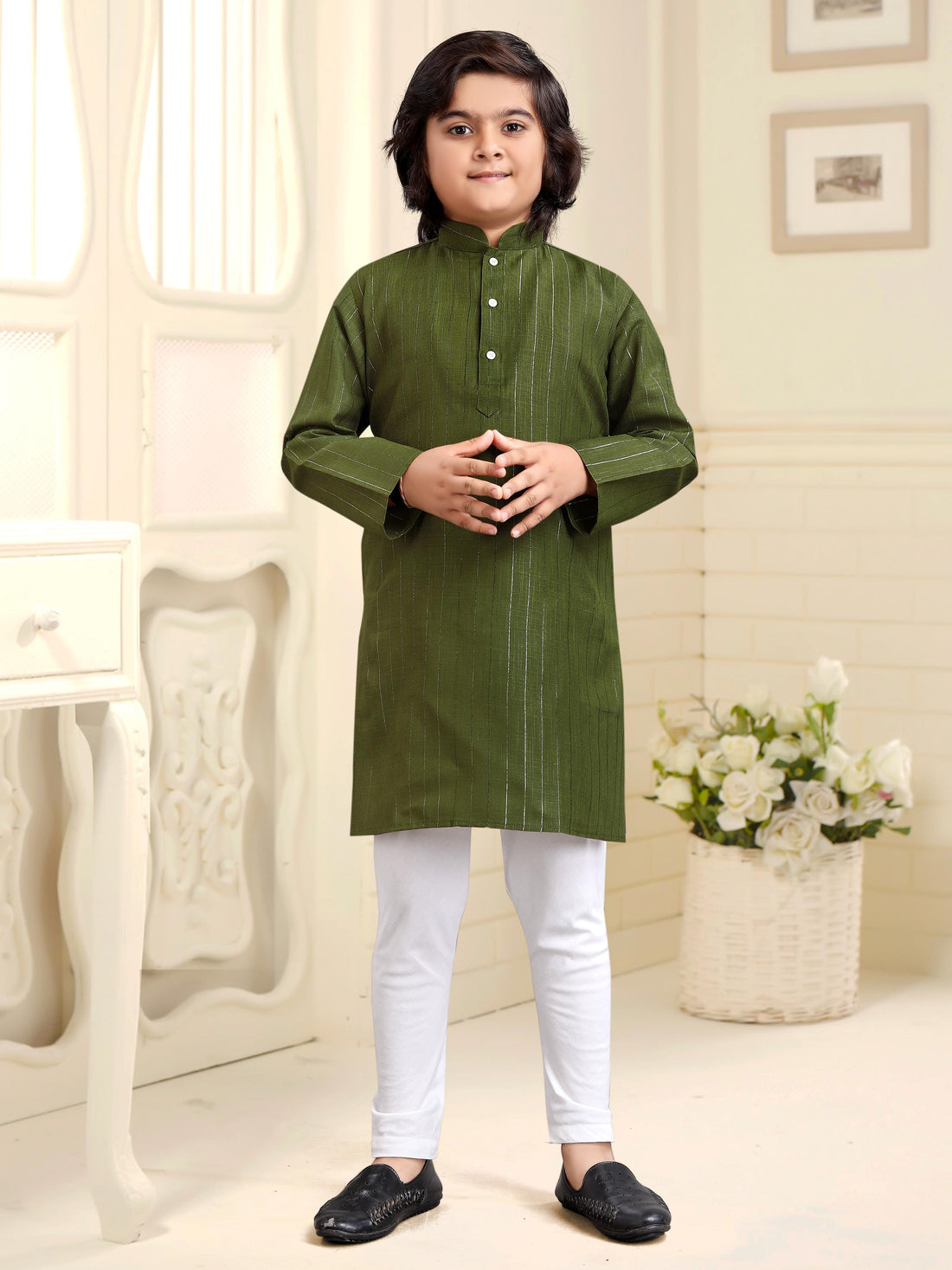 Green Pure Soft Cotton Printed Kids Boy Kurta Pajama 