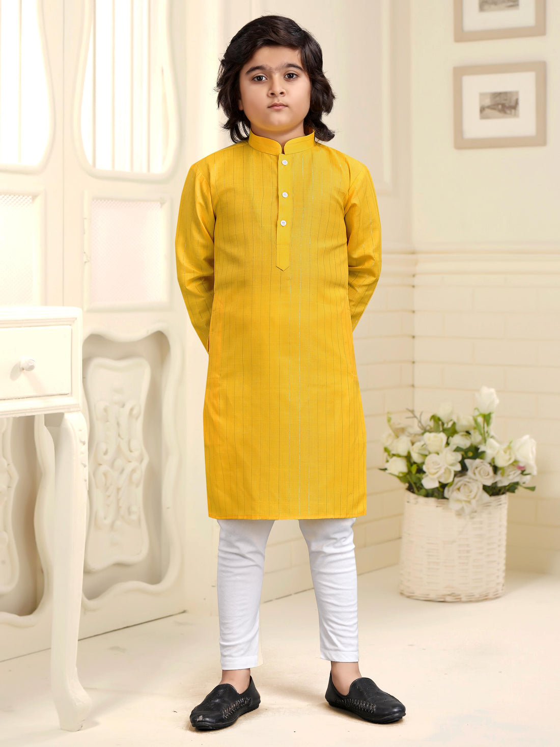 Yellow Pure Soft Cotton Printed Kids Boy Kurta Pajama 