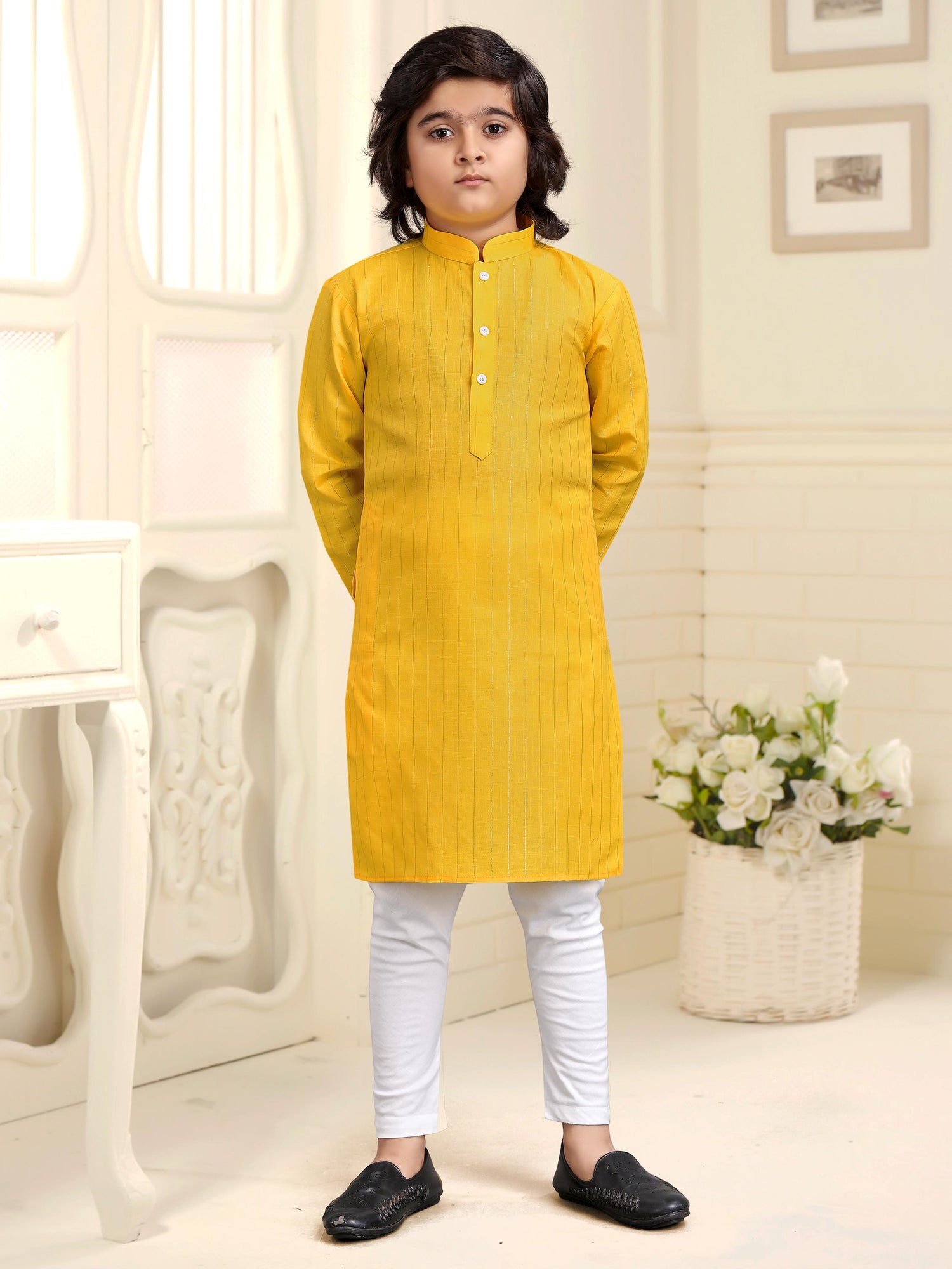 Yellow Pure Soft Cotton Printed Kids Boy Kurta Pajama 