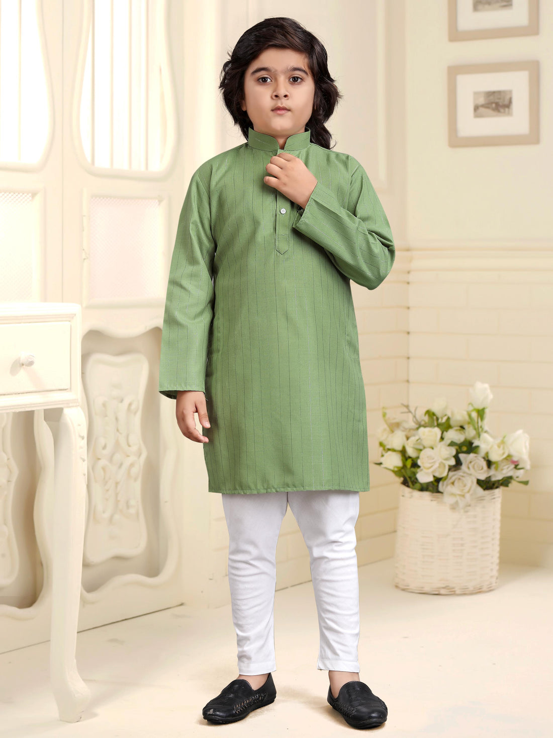 Green Pure Soft Cotton Printed Kids Boy Kurta Pajama 